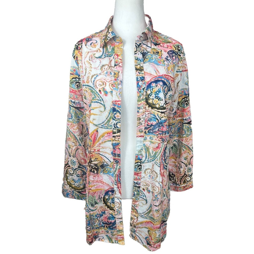 Soft Surroundings Womens Sz XS Paisley Art Button Up Lagenlook BOHO OVERSIZED‎